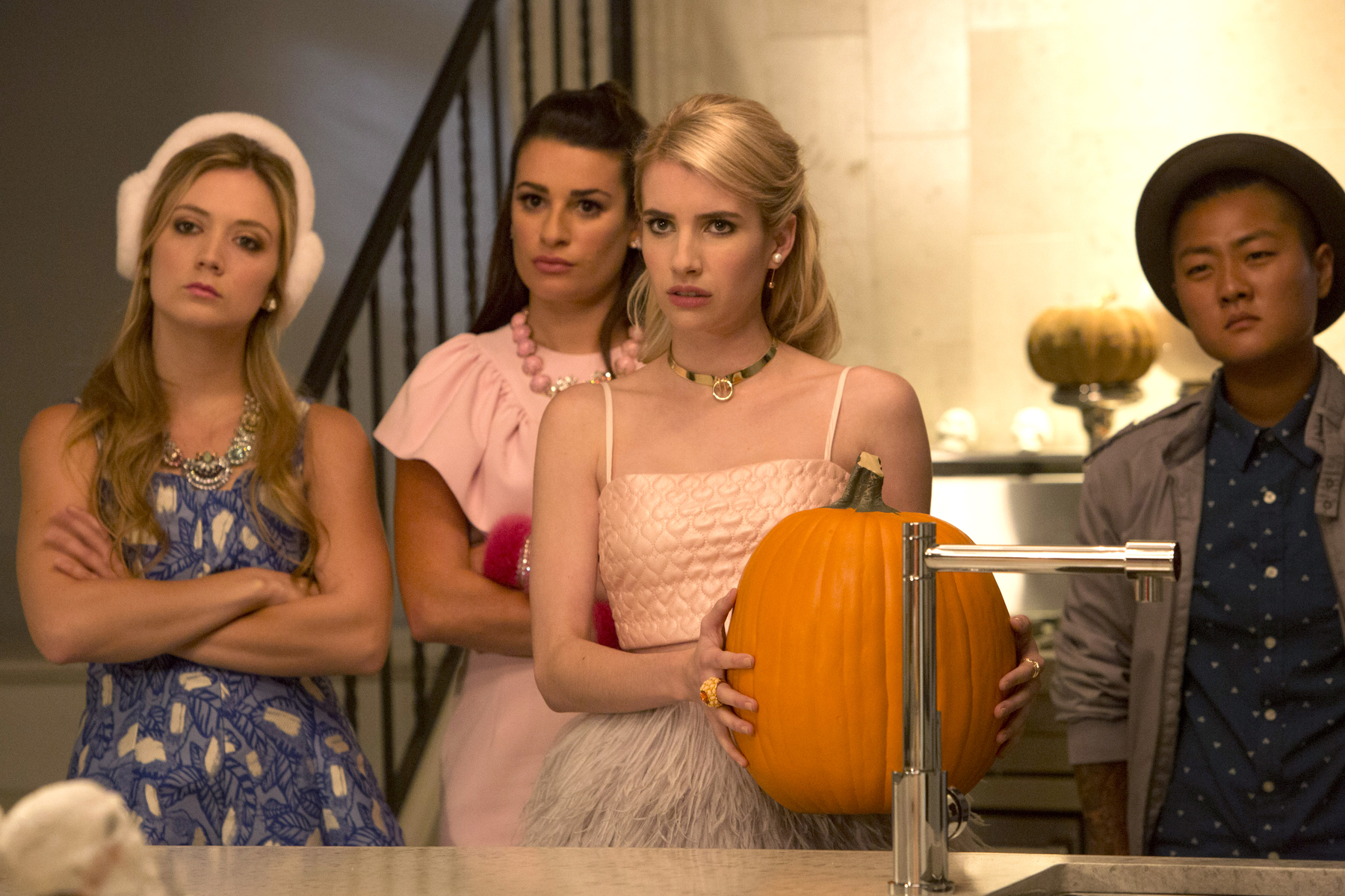SCREAM QUEENS: Pictured L-R: Billie Lourd as Chanel #3, Lea Michele as Hest...