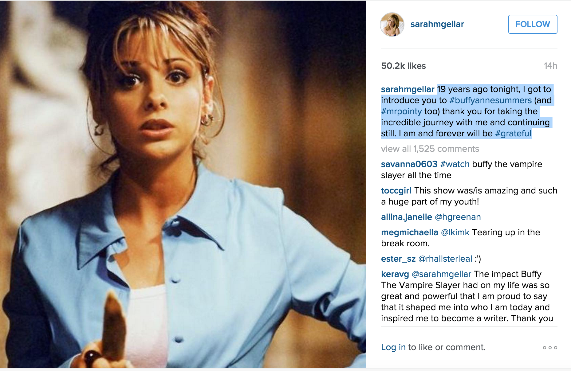 Sarah Michelle Gellar Celebrates 19th Anniversary Playing Buffy the Vampire Slayer